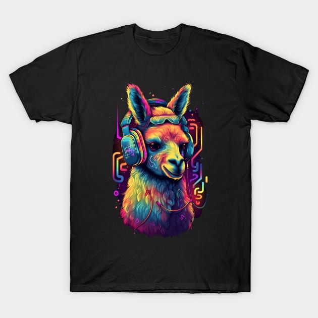 Llama Rocking Out with Multihued Soundwaves T-Shirt by RetroPrism